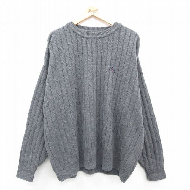 XL★古着 IZOD 長袖 ケーブル　セーター メンズ 90年代 90s ワンポイントロゴ 大きいサイズ コットン クルーネック USA製 グレー 24sep27 中古 ニット トップス