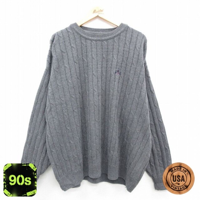XL★古着 IZOD 長袖 ケーブル　セーター メンズ 90年代 90s ワンポイントロゴ 大きいサイズ コットン クルーネック USA製 グレー 24sep27 中古 ニット トップス