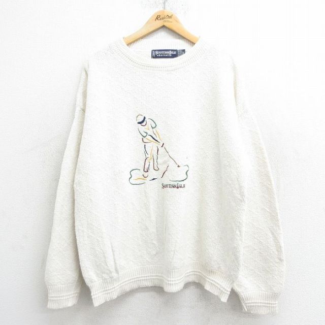 XL★古着 長袖 セーター メンズ 90年代 90s ゴルフ 刺繍 手織り 大きいサイズ コットン USA製 白 ホワイト 24sep30 24oct01 中古 ニット トップス