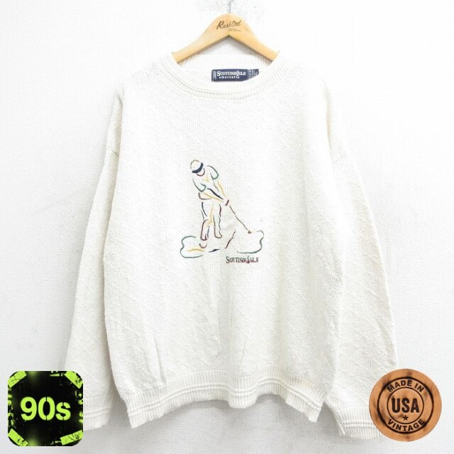 【50%OFF】90s 長袖セーター ゴルフ刺繍 ホワイト メンズXL相当 | 古着