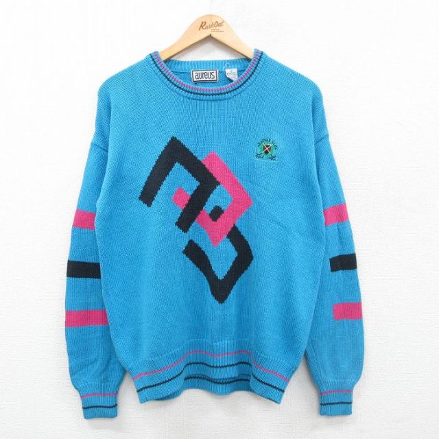 【50%OFF】L★古着 長袖 セーター メンズ 90年代 90s ゴルフ クルーネック 水色 24oct02 中古 ニット トップス