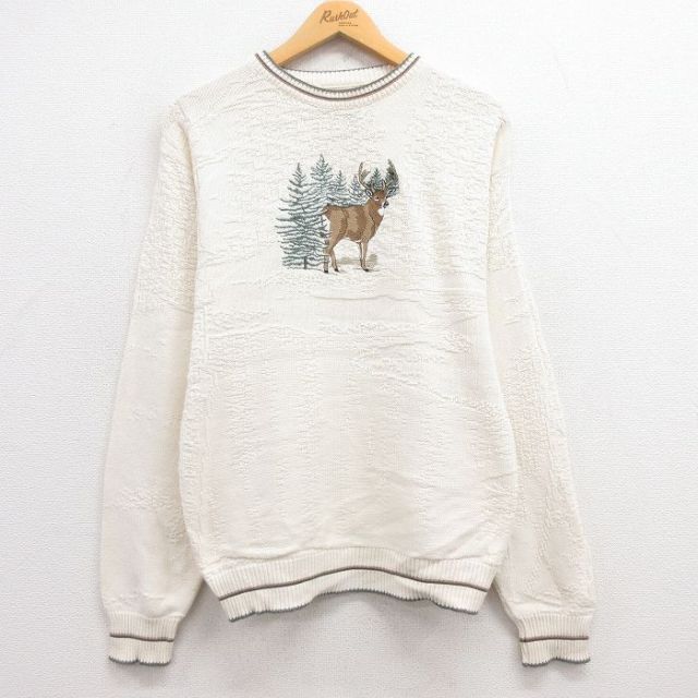 90s 長袖セーター シカ刺繍 ベージュ S | 古着