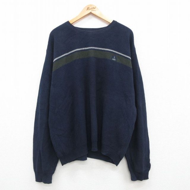 IZOD 長袖セーター ワンポイントロゴ ネイビー XL | 古着