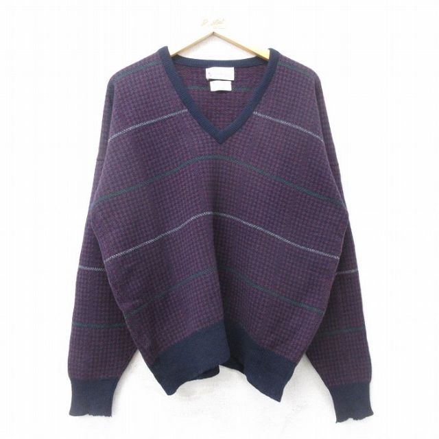 XL★古着 長袖 セーター メンズ 80年代 80s ラムウール Vネック イングランド製 紫他 パープル 24oct08 中古 ニット トップス