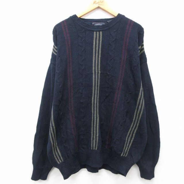 XL★古着 長袖 ケーブル セーター メンズ 00年代 00s 大きいサイズ クルーネック 紺 ネイビー 24oct08 中古 ニット トップス