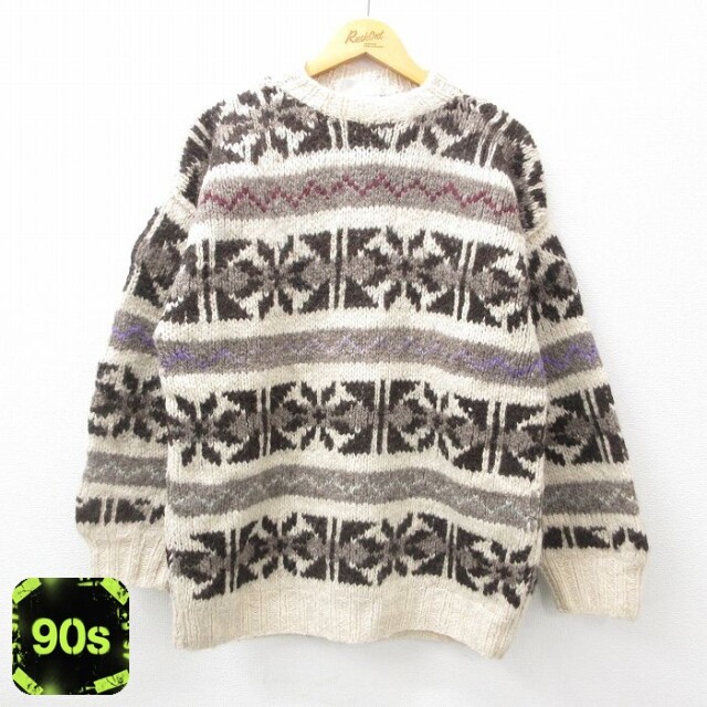 【50%OFF】90s 長袖セーター 雪柄 ベージュ M | 古着