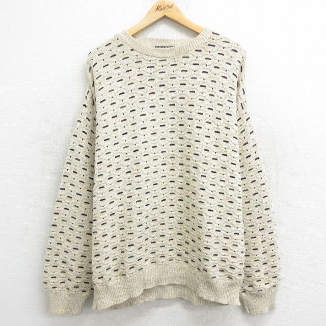 XL★古着 長袖 セーター メンズ 90年代 90s 大きいサイズ クルーネック USA製 薄ベージュ カーキ 24oct12 中古 ニット トップス