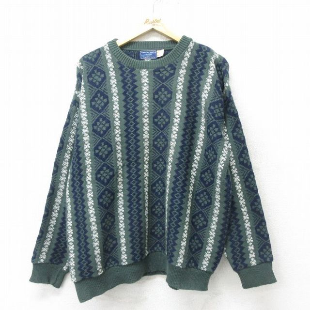 XL★古着 長袖 セーター メンズ 90年代 90s コットン クルーネック USA製 緑 グリーン 24oct17 中古 ニット トップス