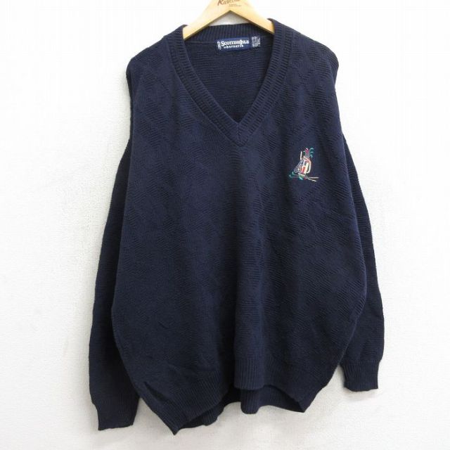 XL★古着 長袖 セーター メンズ 90年代 90s ゴルフ 手織り 大きいサイズ コットン Vネック USA製 紺 ネイビー 24oct22 中古 ニット トップス