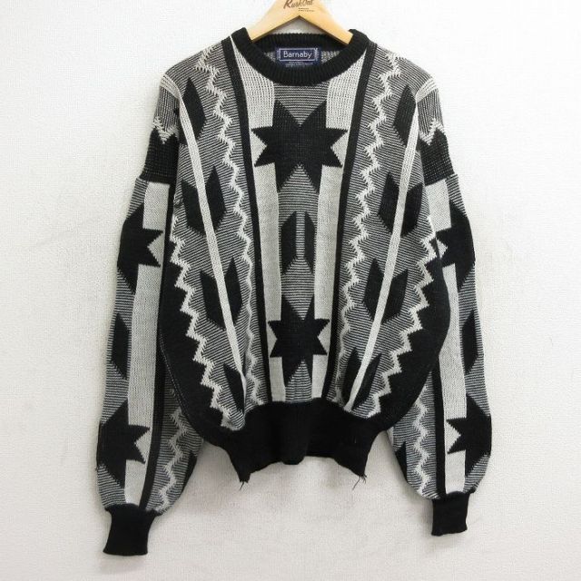 XL★古着 長袖 セーター メンズ 90年代 90s 大きいサイズ アクリル クルーネック 黒他 ブラック 24oct31 中古 ニット トップス