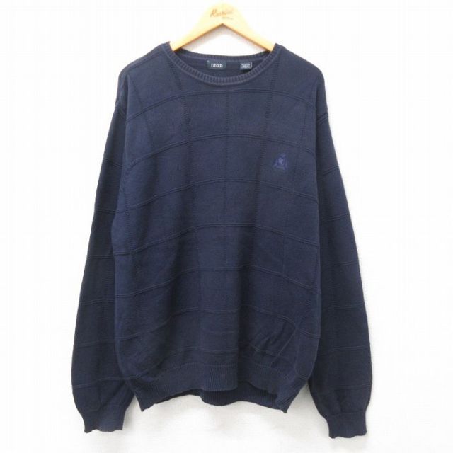 IZOD 長袖セーター ワンポイントロゴ ネイビーチェック XL | 古着