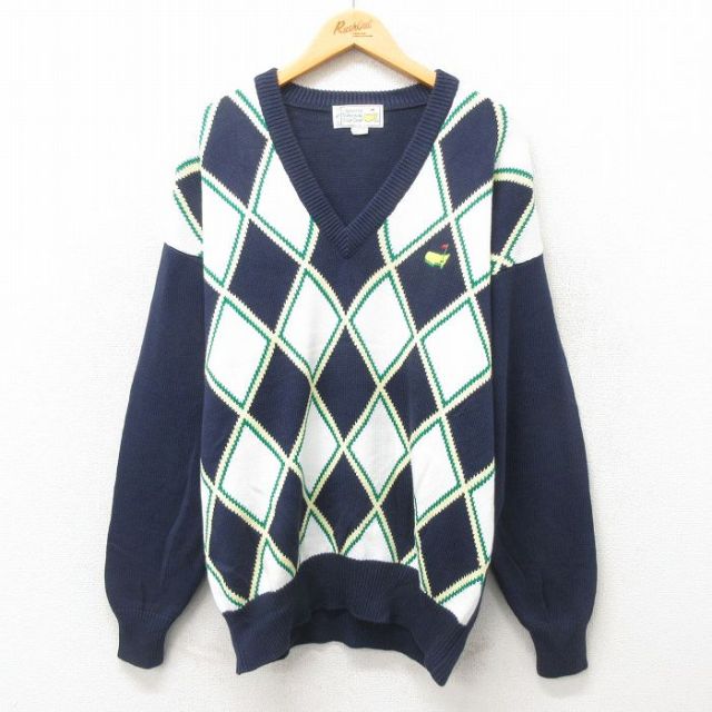 【50%OFF】L★古着 長袖 セーター メンズ 90年代 90s アーガイル ゴルフ Vネック 濃紺 ネイビー 24nov12 中古 ニット トップス