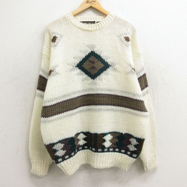 【50%OFF】L★古着 ビューグルボーイ 長袖 セーター メンズ 90年代 90s ネイティブ柄 ラグ柄 クルーネック 生成り 【spe】 24nov13 中古 ニット トップス