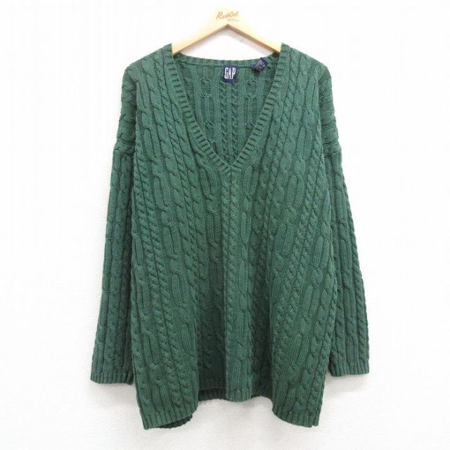 XL★古着 ギャップ GAP 長袖 ケーブル セーター メンズ 90年代 90s Vネック 緑 グリーン 【spe】 24dec12 中古 ニット トップス