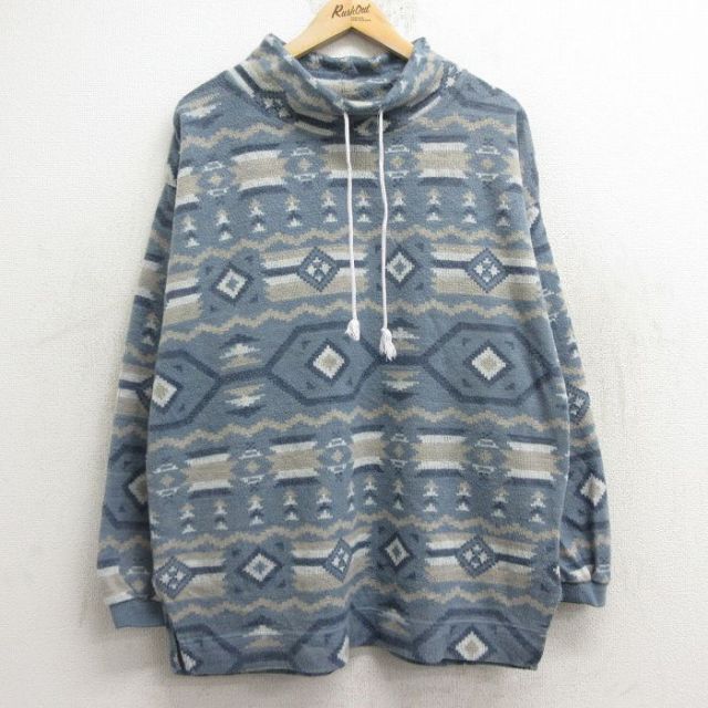 L★古着 長袖 トップス メンズ 90年代 90s ネイティブ柄 ラグ柄 アクリル モックネック ハイネック 薄紺他 ネイビー 24dec21 中古