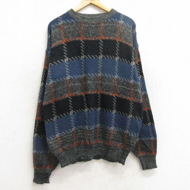 【50%OFF】XL★古着 メンバーズオンリー 長袖 セーター メンズ 90年代 90s 大きいサイズ クルーネック 濃グレー他 チェック 24dec21 中古 ニット トップス