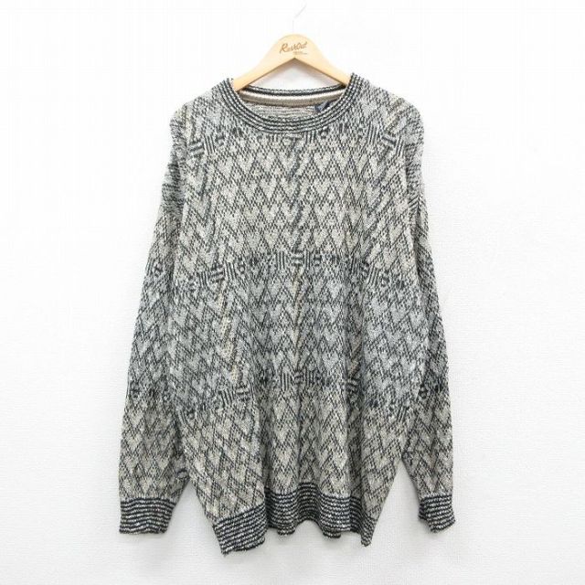 XL★古着 長袖 セーター メンズ 90年代 90s 大きいサイズ クルーネック USA製 ベージュ他 カーキ 24dec21 中古 ニット トップス