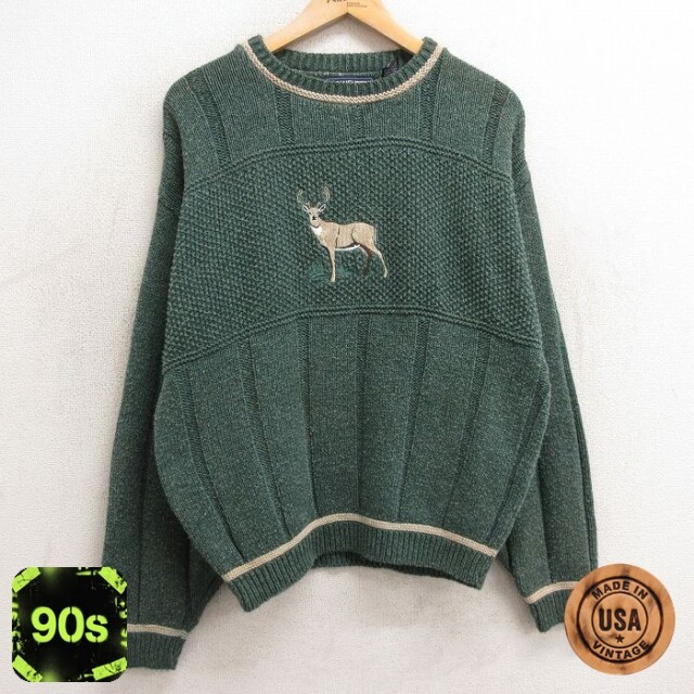 バンヒューセン 90s 長袖セーター シカ刺繍 グリーン L | 古着