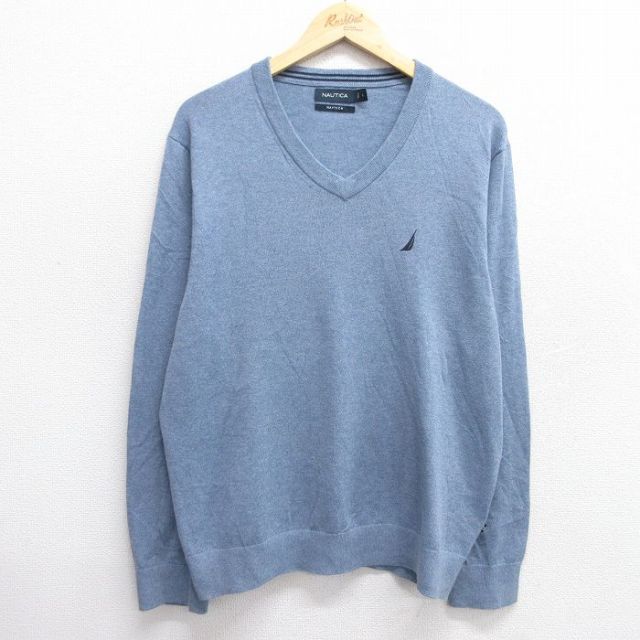 L★古着 ノーティカ NAUTICA 長袖 ブランド セーター メンズ ワンポイントロゴ Vネック 薄紺 ネイビー 25jan06 中古 ニット トップス