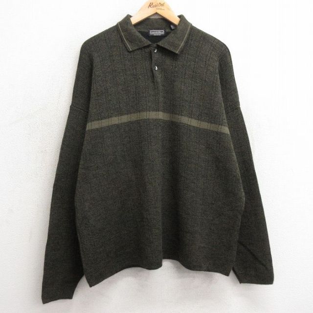 【20%OFF】XL★古着 長袖 セーター メンズ 90年代 90s 襟付き 大きいサイズ イタリア製 濃緑他 グリーン 【spe】 25jan06 中古 ニット トップス