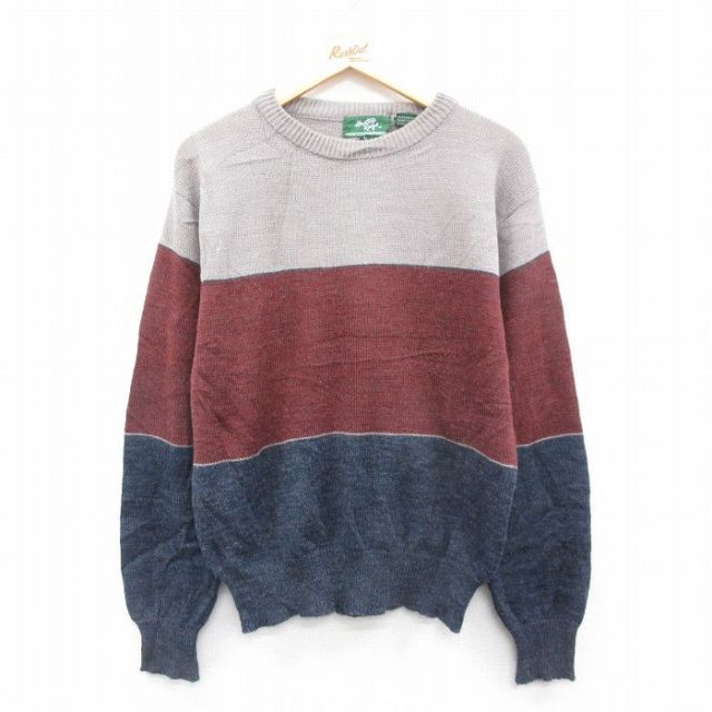 【50%OFF】L★古着 長袖 セーター メンズ 90年代 90s マルチカラー クルーネック 紺他 ネイビー 25jan06 中古 ニット トップス