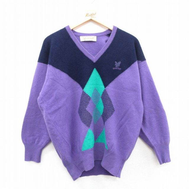 【50%OFF】L★古着 長袖 セーター メンズ 90年代 90s Lyle&Scott ラムウール Vネック スコットランド製 紫 パープル 25jan10 中古 ニット トップス
