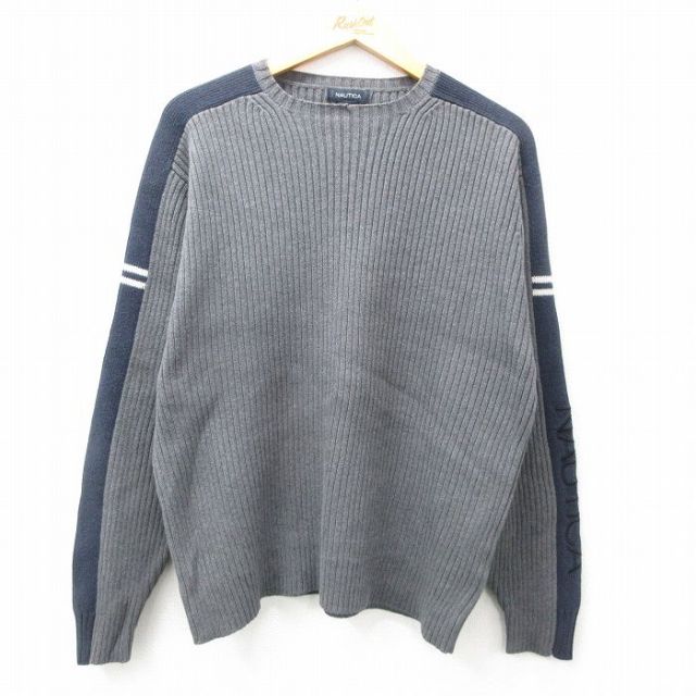 【50%OFF】L★古着 ノーティカ NAUTICA 長袖 ブランド セーター メンズ ビッグロゴ コットン クルーネック グレー他 25jan10 中古 ニット トップス