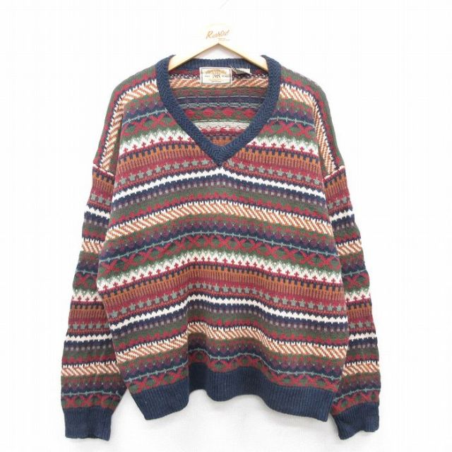 XL★古着 長袖 セーター メンズ 00年代 00s フェアアイル 大きいサイズ Vネック 赤 レッド 【spe】 25jan11 中古 ニット トップス