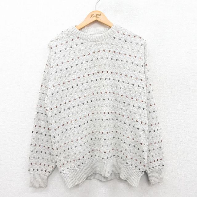 【50%OFF】L★古着 長袖 セーター メンズ バーズアイ クルーネック 薄グレー 25jan11 中古 ニット トップス