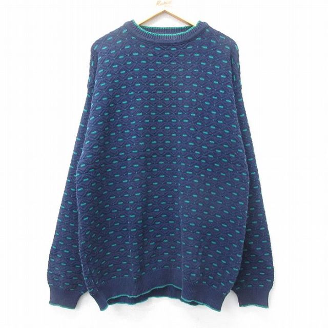 【50%OFF】XL★古着 長袖 セーター メンズ 90年代 90s クルーネック USA製 紺他 ネイビー 25jan15 中古 ニット トップス