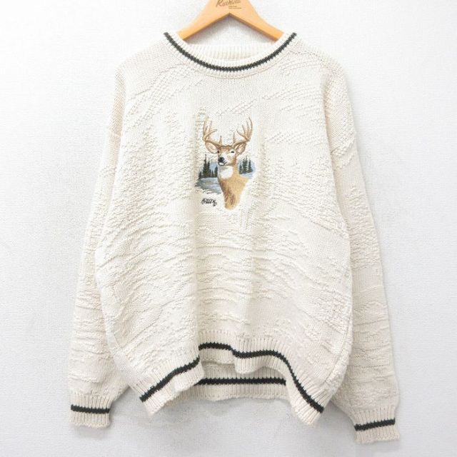 シカ刺繍セーター 生成り XL | 古着
