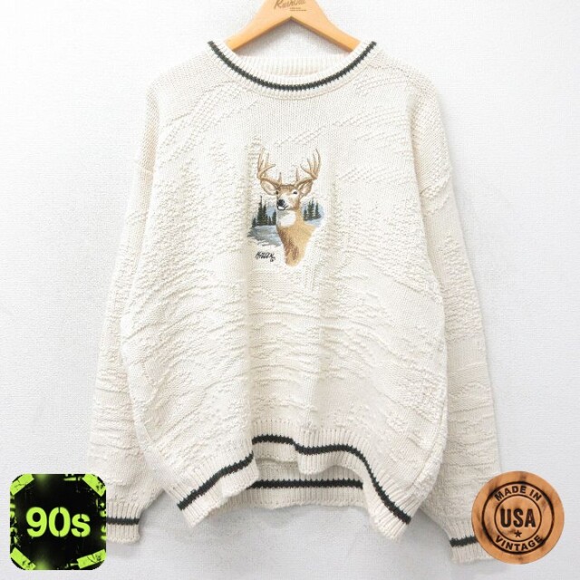 シカ刺繍セーター 生成り XL | 古着