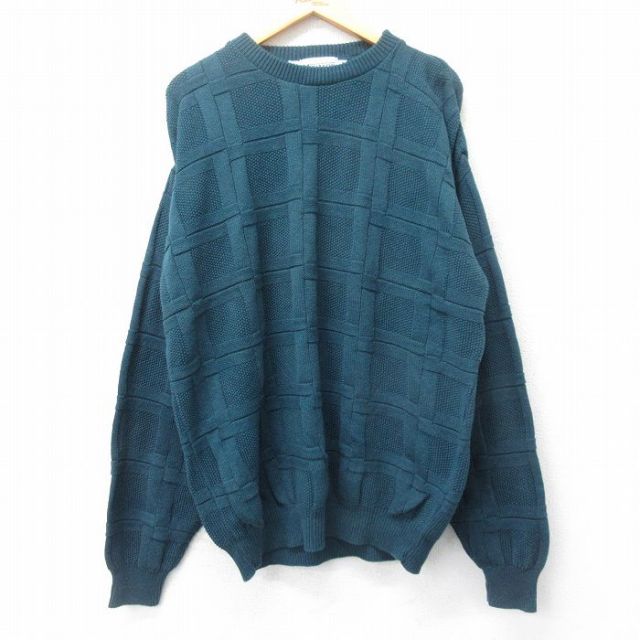 【50%OFF】XL★古着 長袖 セーター メンズ 90年代 90s 大きいサイズ コットン クルーネック USA製 濃緑 グリーン 25jan15 中古 ニット トップス