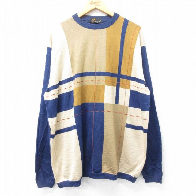 XL★古着 長袖 セーター メンズ 90年代 90s 大きいサイズ クルーネック 紺他 ネイビー 25jan16 中古 ニット トップス