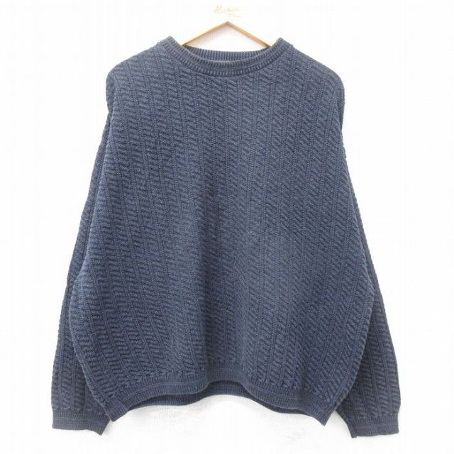 【50%OFF】XL★古着 長袖 セーター メンズ 90年代 90s 手織り 大きいサイズ クルーネック USA製 紺 ネイビー 25jan16 中古 ニット トップス