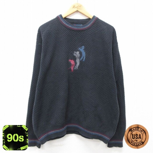 90s 長袖セーター ゴルフ刺繍 ブラック メンズXL相当 | 古着