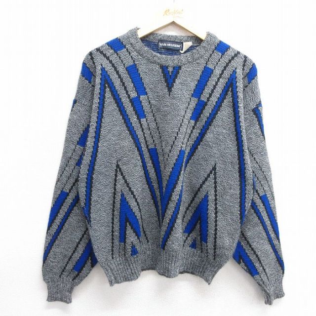 【50%OFF】XL★古着 バンヒューセン 長袖 セーター メンズ 90年代 90s アクリル クルーネック USA製 濃グレー他 25jan20 中古 ニット トップス