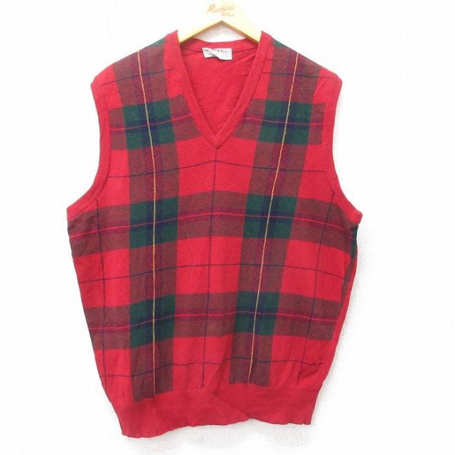 L★古着 ニット ベスト メンズ 80年代 80s ラムウール Vネック イギリス製 赤他 レッド チェック 25jan21 中古 トップス