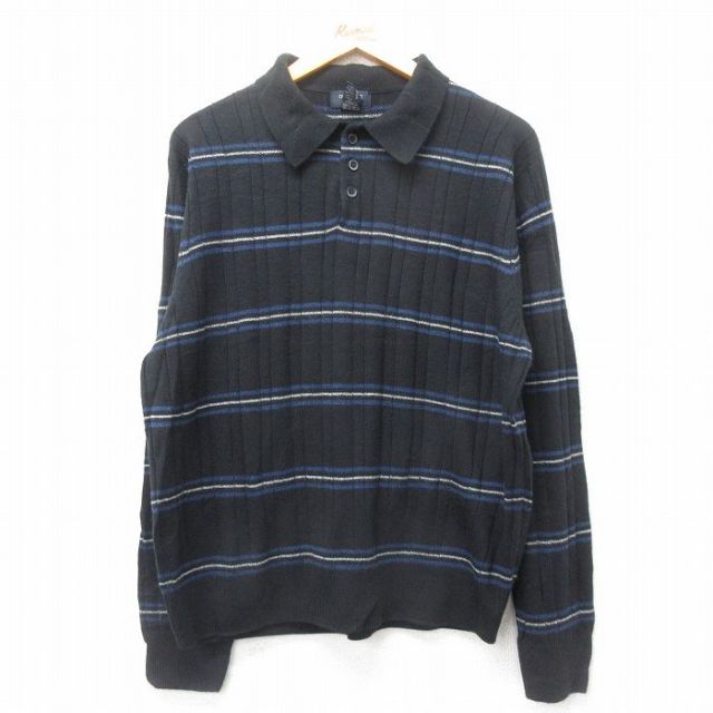 【50%OFF】L★古着 ドッカーズ 長袖 セーター メンズ 襟付き アクリル 黒他 ブラック ボーダー 25jan24 中古 ニット トップス