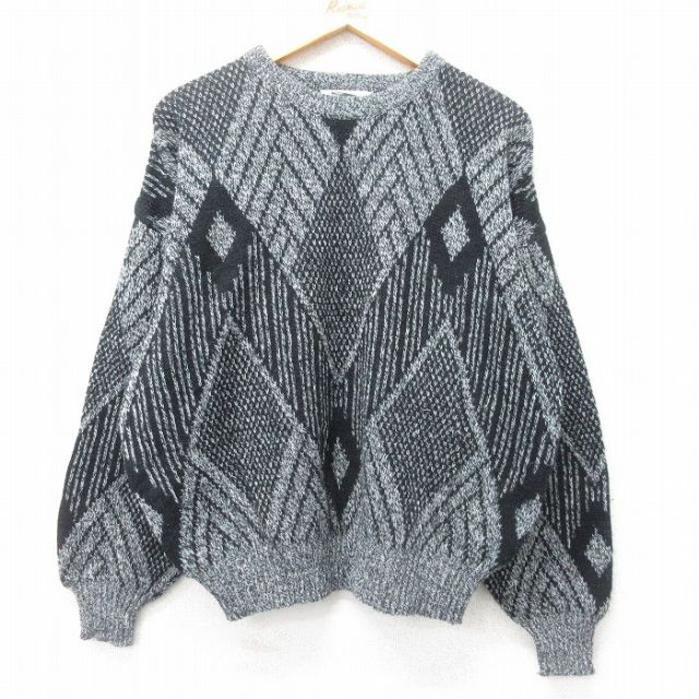 【50%OFF】XL★古着 長袖 セーター メンズ 90年代 90s アクリル クルーネック 黒他 ブラック 25jan24 中古 ニット トップス
