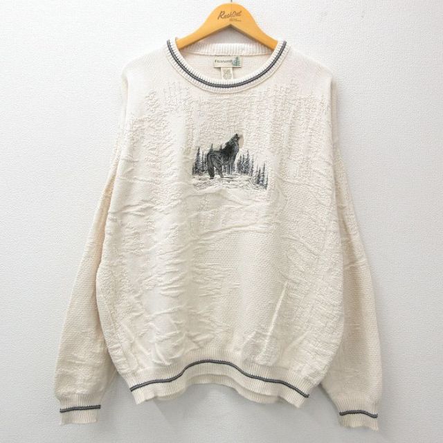 XL★古着 長袖 セーター メンズ 90年代 90s オオカミ 刺繍 大きいサイズ コットン クルーネック USA製 生成り 25jan27 中古 ニット トップス