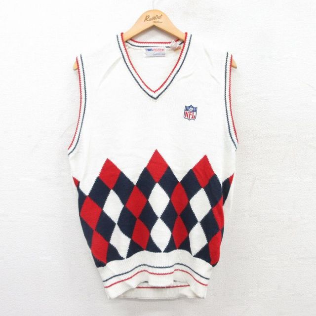 S★古着 ニット ベスト メンズ 90年代 90s NFL アクリル Vネック 白他 ホワイト アメフト スーパーボウル 25jan28 中古 トップス