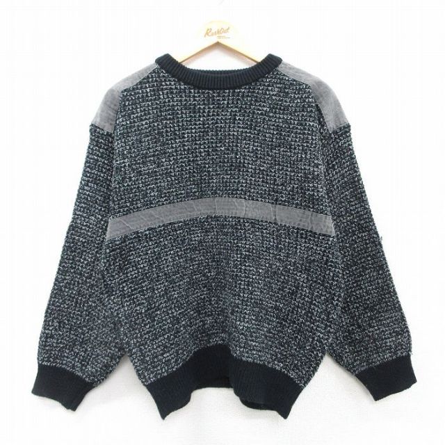 【50%OFF】M★古着 長袖 セーター メンズ 90年代 90s アクリル クルーネック 黒他 ブラック 25jan28 中古 ニット トップス