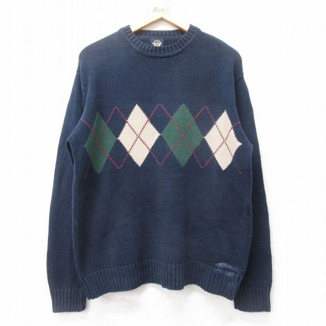 XL★古着 ドッカーズ 長袖 セーター メンズ アーガイル コットン クルーネック 紺 ネイビー 25jan31 中古 ニット トップス