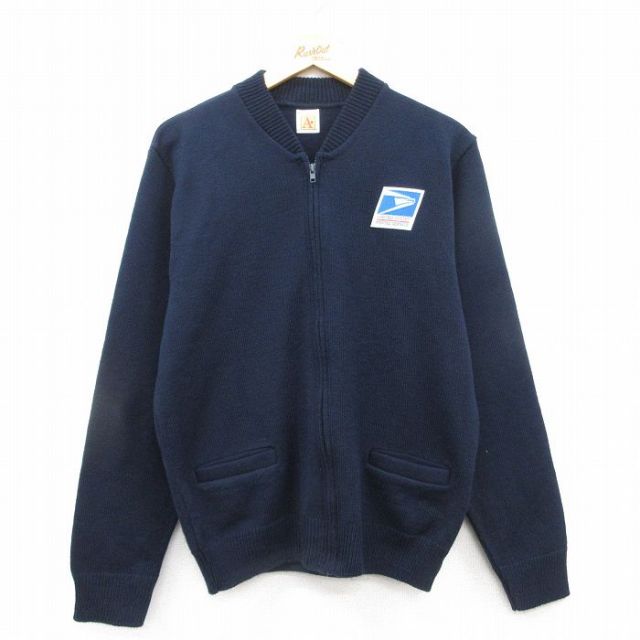 M★古着 長袖 フルジップ ニット カーディガン メンズ 90年代 90s 郵便局 アクリル USA製 紺 ネイビー 25feb04 中古 トップス