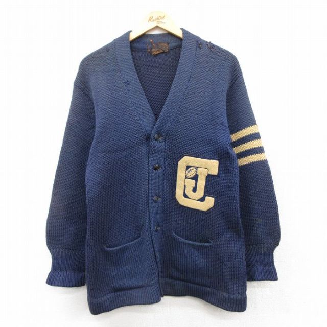 M★古着 長袖 ビンテージ レタード ニット カーディガン メンズ 50年代 50s C 紺他 ネイビー 【spe】 25feb04 中古 トップス