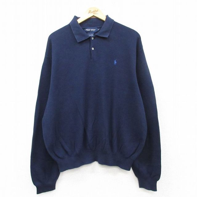 XL★古着 ラルフローレン Ralph Lauren ゴルフ 長袖 ブランド セーター メンズ 90年代 90s ワンポイントロゴ 大きいサイズ コットン 襟付き 紺 ネイビー 25feb04 中古 ニット トップス