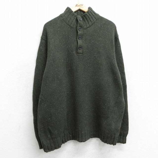 【50%OFF】XL★古着 ノーティカ NAUTICA 長袖 ブランド セーター メンズ ワンポイントロゴ モックネック ハイネック 濃緑 グリーン 25feb01 中古 ニット トップス