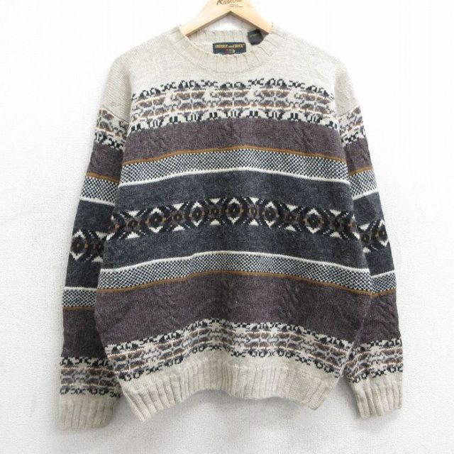 【50%OFF】L★古着 長袖 セーター メンズ 90年代 90s ウール クルーネック 薄ベージュ他 カーキ 25feb01 中古 ニット トップス