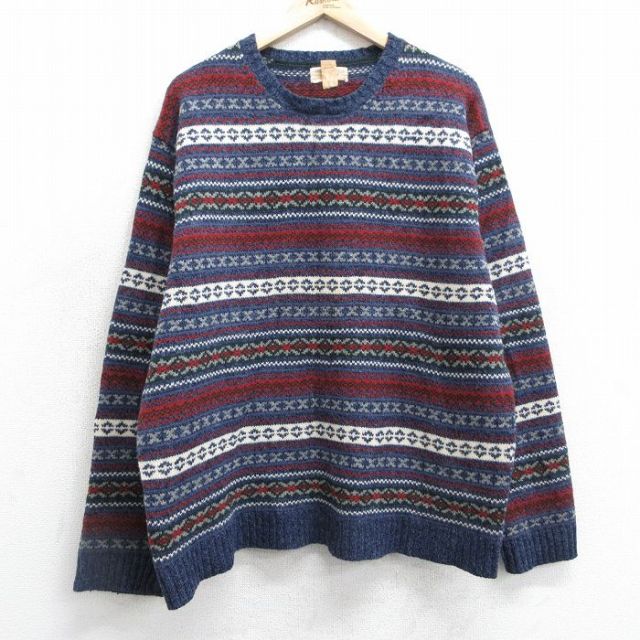 XL★古着 アメリカンイーグル American Eagle 長袖 セーター メンズ 00年代 00s フェアアイル ラムウール クルーネック 紺他 ネイビー 25feb01 中古 ニット トップス